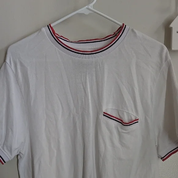 Men's White Short Sleeve Shirt With Red And Blue Stiped Cuffs - Picture 2 of 7